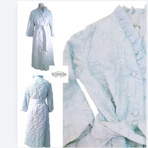 VTG RUFFLES blue puffy quilted SATIN 50s 60s dress house coat robe lingerie S M